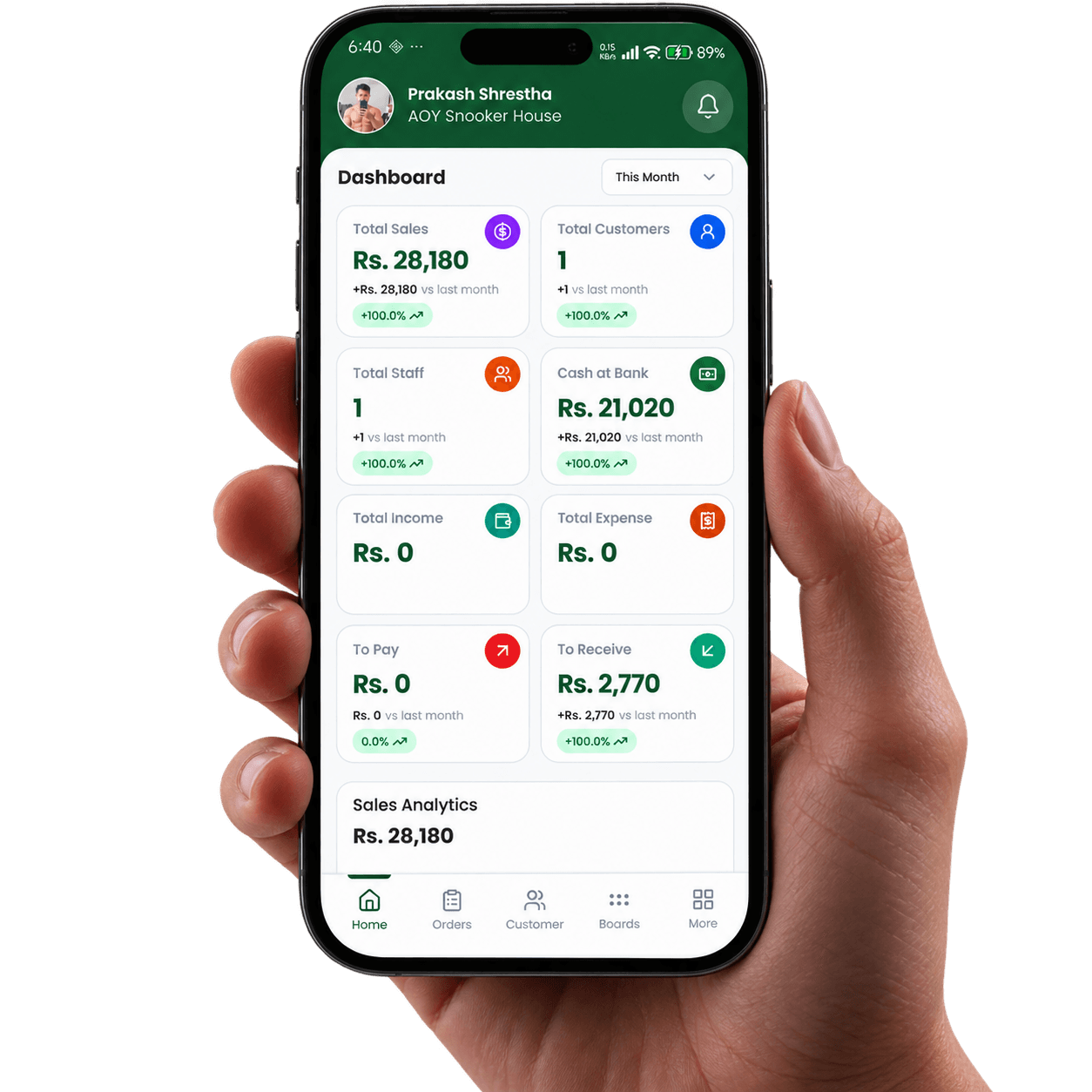 Hand holding a phone with the Snook Flow dashboard